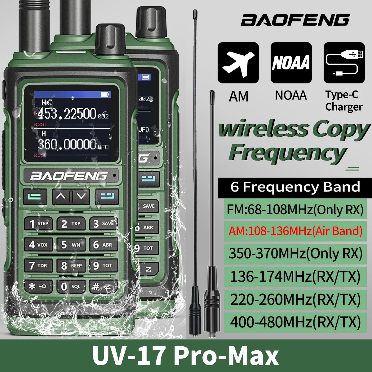 2 шт. Baofeng UV-17 Pro Max Volledige Luchtband Walkie Talkie Multi-Band Draadloze Kopieerfrequentie Type-C Lange Afstand