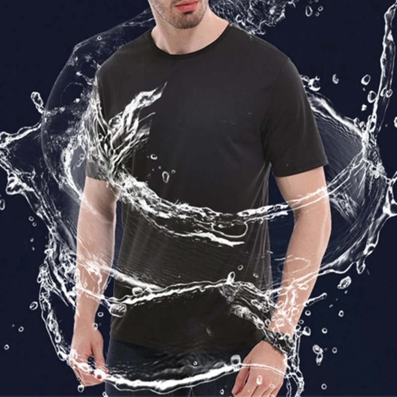 

B3529 Creative Hydrophobic Anti-Dirty Waterproof Solid Color Men T Shirt Soft Short Sleeve Quick Dry Top Breathable Wear