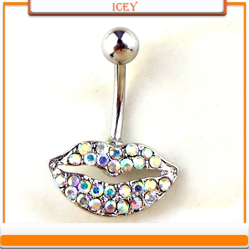 

1pc lips belly ring mouth navel stud rhinestones belly navel jewelry inlaid crystal belly button ring Stainless steel navel bar