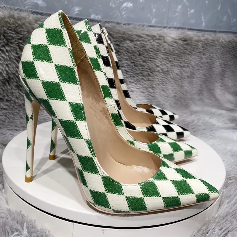 

Color matching Checkered High Heel Shoes Colorized Plaid 12 10 8cm Gladiator Shoes Slip-on Shallow Wedding Pumps 33-45