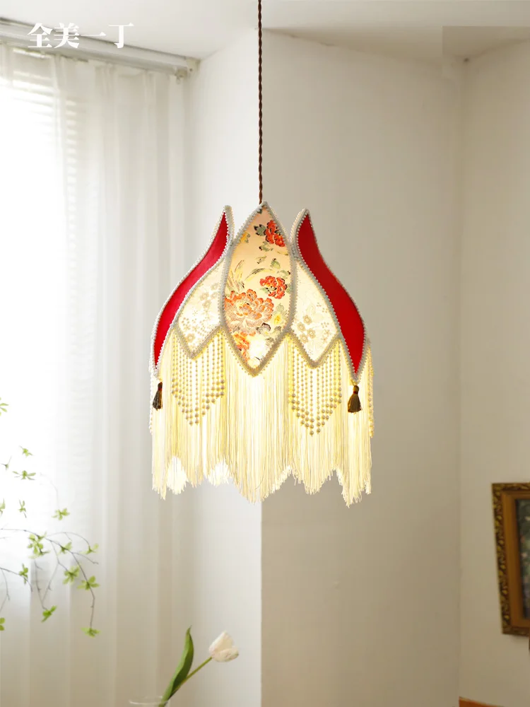 

French Retro Peony Lampshade Bedroom Chandelier Handmade Pearl Tassel Mid-Ancient Fabric Dining-Room Lamp