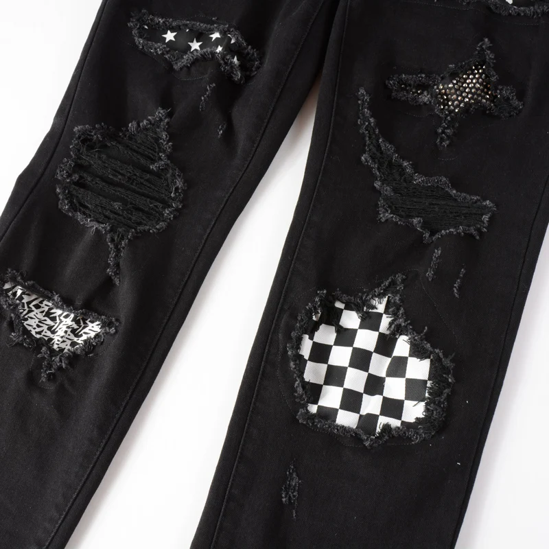 Street Fashion Men Jeans Black Elastic Slim Fit Ripped Jeans Men Hole Trousers Patch Designer Brand Hip Hop Stretch Denim Pants