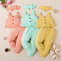 0 4y toddler girls clothes sets summer clothing sleeveless solid color ruffles vest topspantsheadbands 3 pcs outfits sets