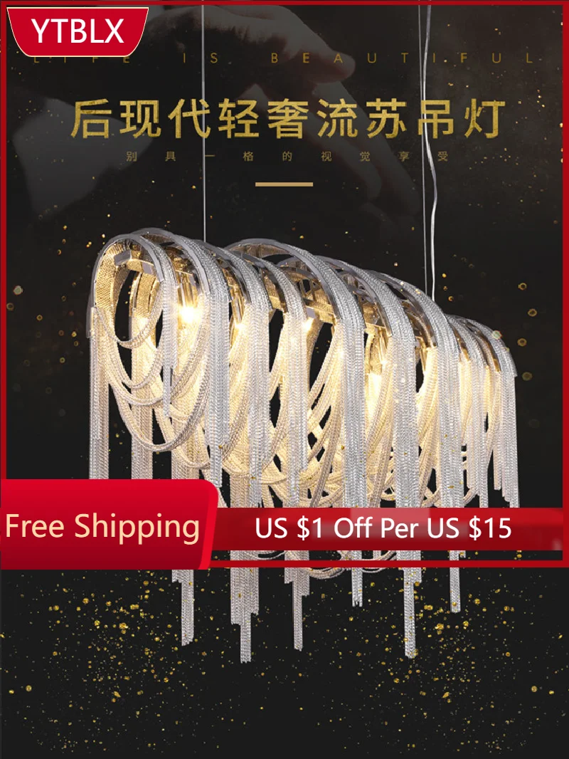 

Postmodern Art Luxury Stainless Steel Chrome-Plated Chain LED Chandelier Living Room Bar Decoration Light Dining Room Chandelier