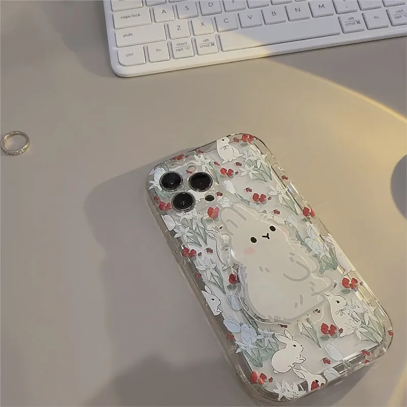 Korea Flower Rabbit with Stent Phone Case For iphone 14 13 12 11 Pro Max X XR XSMAX 7 8 Plus SE TPU Cute Case Cover New Products