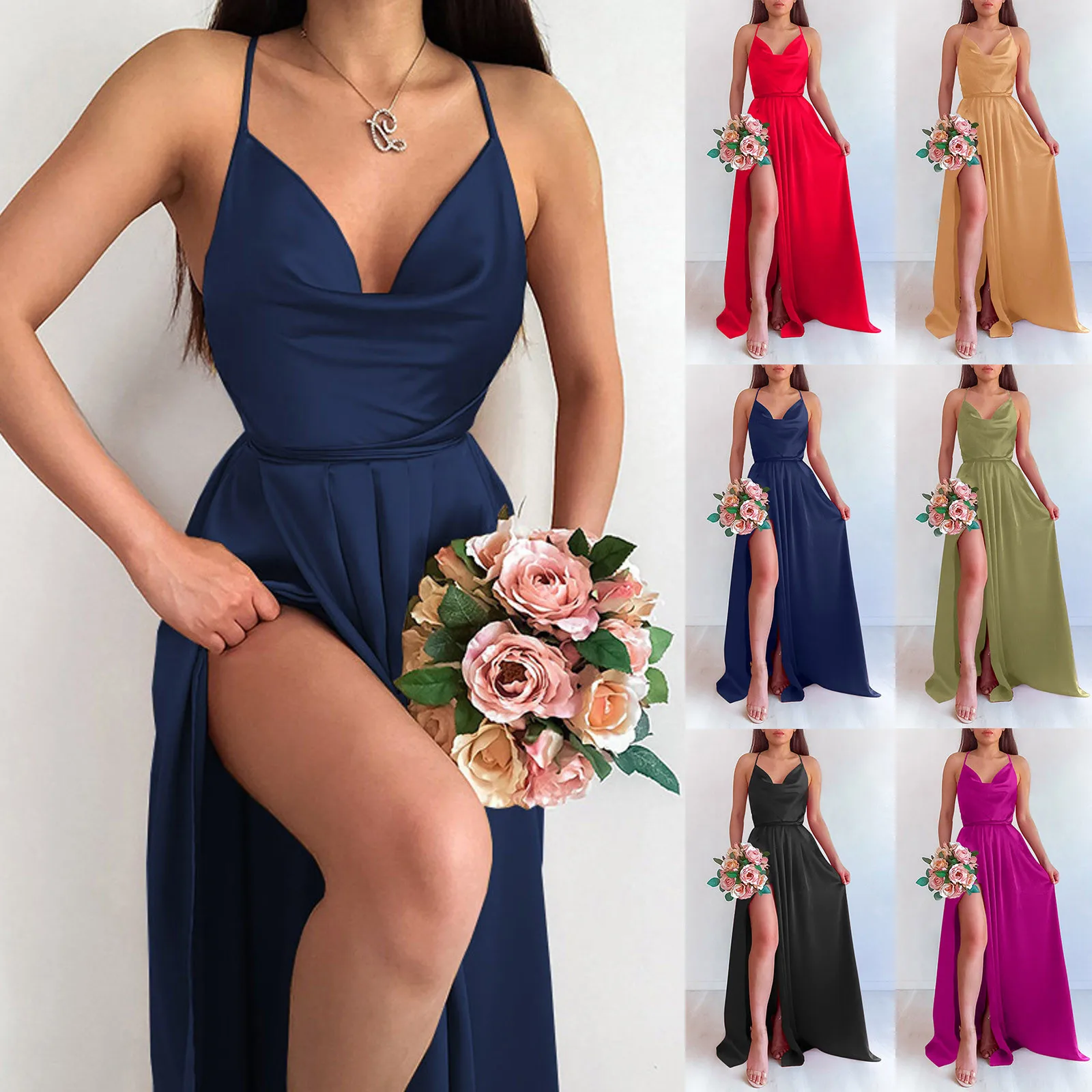 

Sexy Backless Spaghetti Strap Dress Elegant Female Wedding High Slits Prom Lonng Vestidos 2023 Summer New Women Casual Dresses