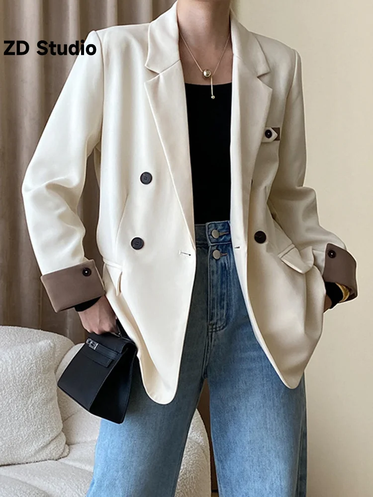 

[ZD Studio] Office Lady Solid Blazers For Women Notched Collar Double Breasted Coat 2023 Autumn New Clothing