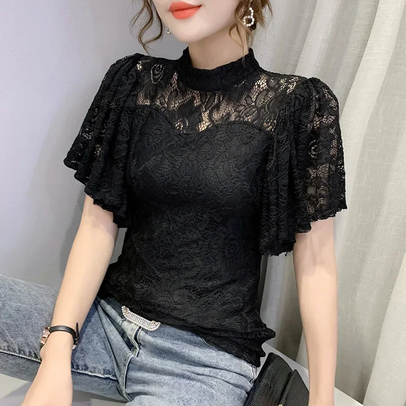 Женские сексуальные кружевные полые белые рубашки летние элегантные блузки с