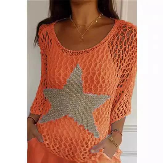Women Fishnet Pullover Crochet Blouse Stylish Women's Tops O-neck Knit V-neck for Fashionable