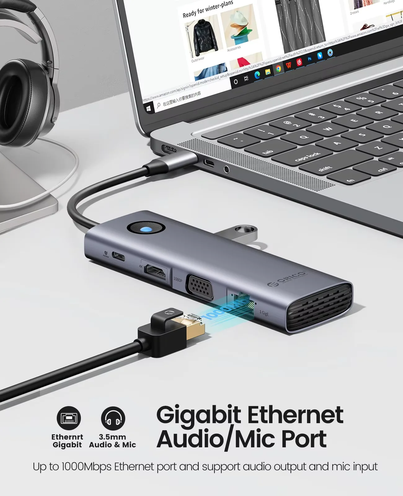 Фото ORICO 5 Гбит/с USB C-концентратор 4K60 Гц Type-C к HDMI RJ45 PD100W SD и TF USB-адаптер для iPad Macbook Аксессуары для ноутбуков Док-станция №4