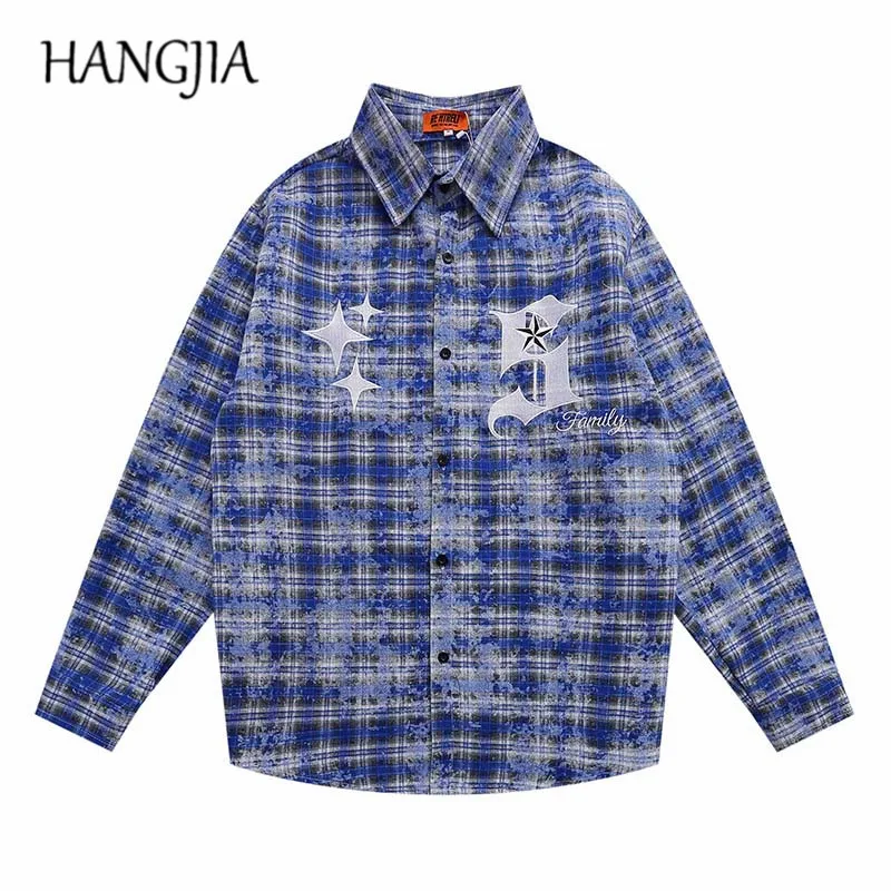 

Рубашка с вышивкой Tie-dye, куртка в стиле Харадзюку, модная повседневная клетчатая рубашка с длинным рукавом, мужские и женские рубашки оверса...