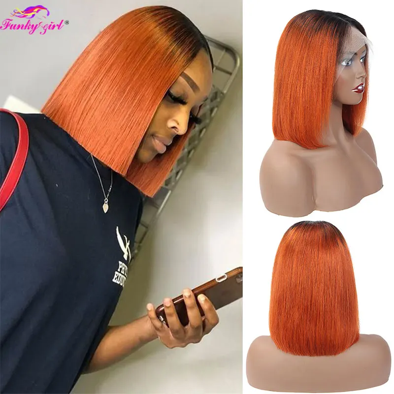 FG Transparent 13x4  Lace Front Human Hair Wigs For Women Brazilian Straight Remy Hair Ombre Short Bob 4x4 Lace Closure Wig