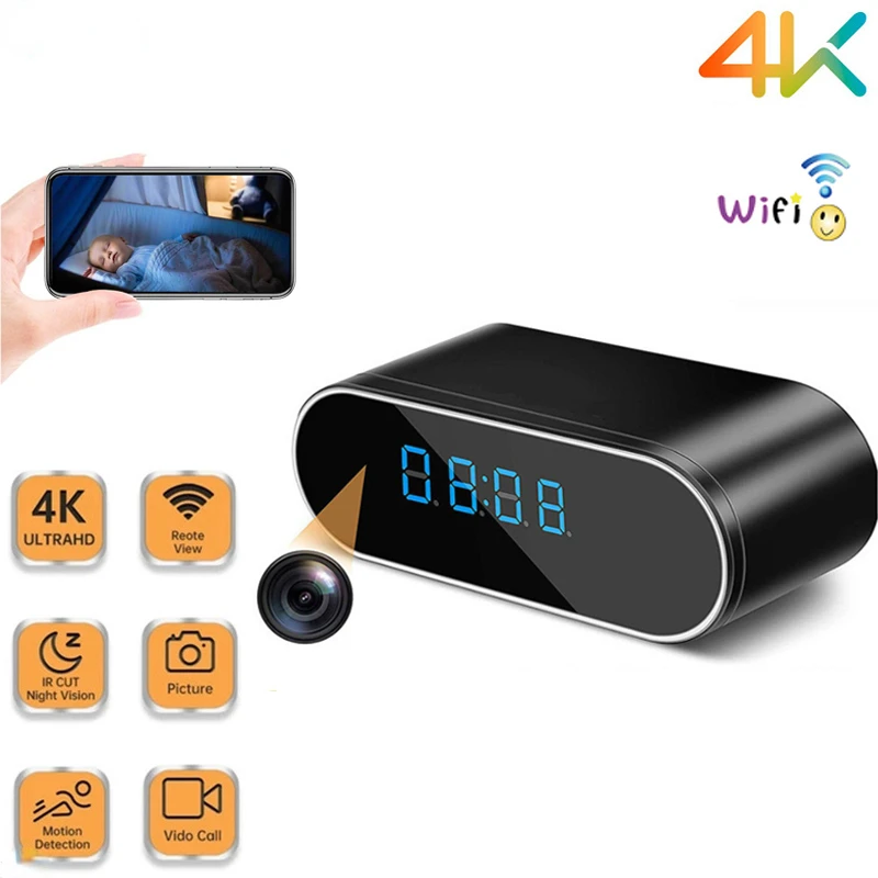 

HD-часы с Wi-Fi видеокамерой ночного видения, датчиком движения и временем, звукозаписывающее устройство, монитор безопасности для дома, подде...