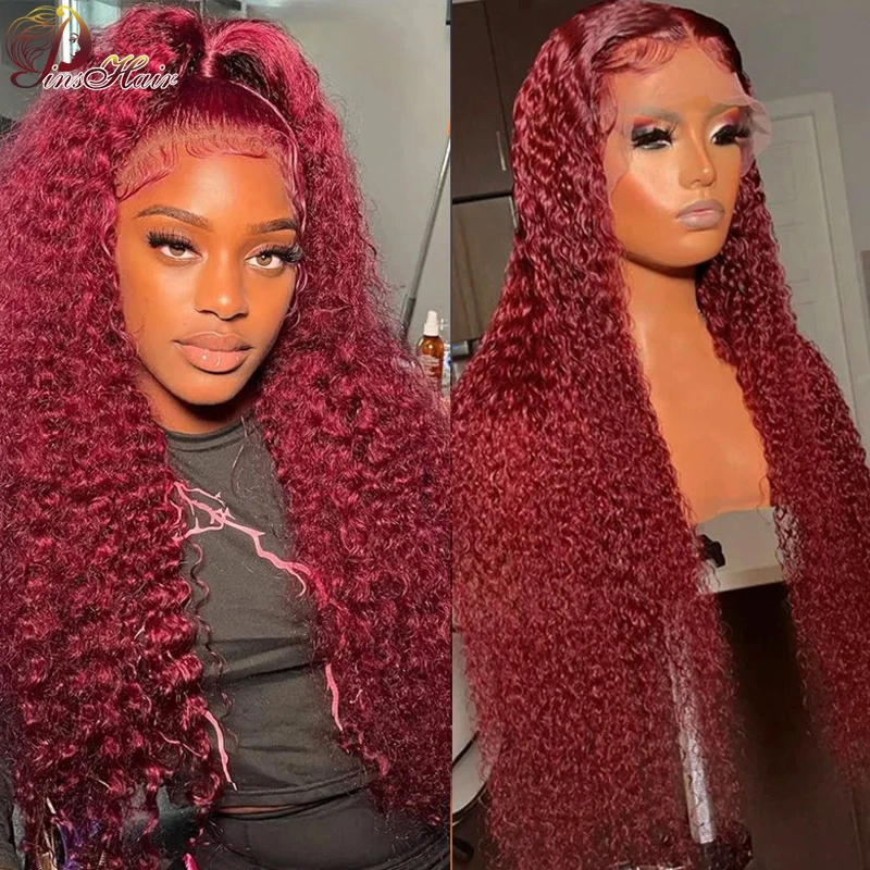 99J Colored Lace Front Human Hair Wigs For Women Kinky Curly Lace Frontal Wig Brazilian Red Color Human Hair 13x4 Lace Front Wig