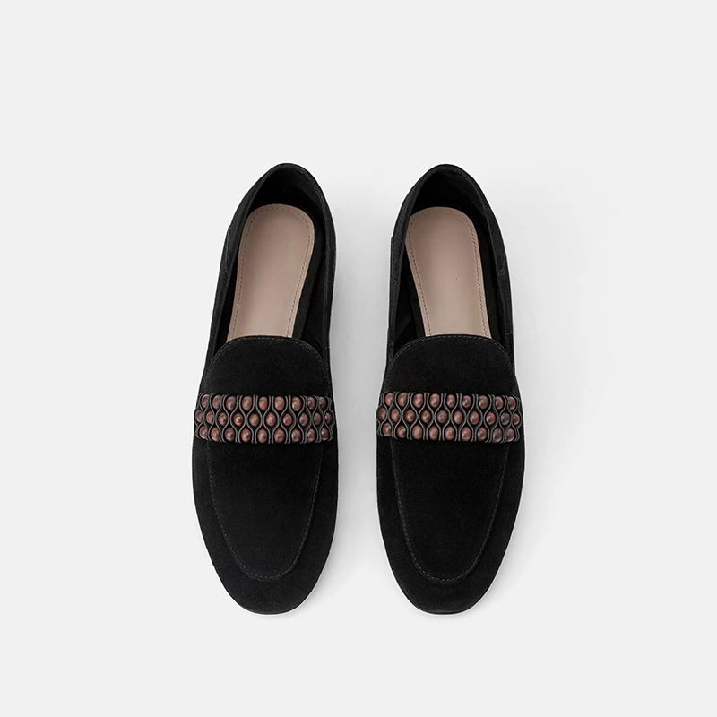 

Новые женские туфли в ленивом стиле с круглым носком и бисером, повседневная женская обувь на плоской подошве, лоферы на высоком каблуке, модные удобные туфли