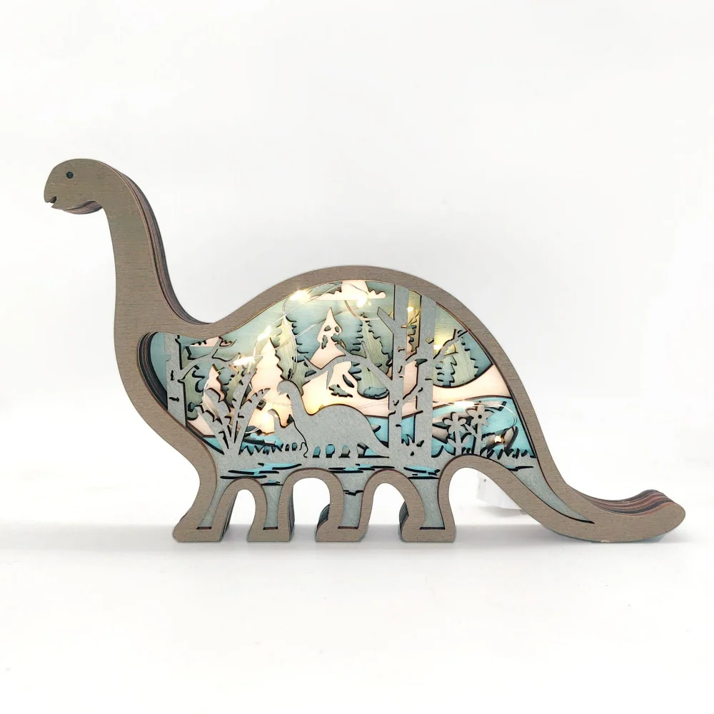 

2023 Wooden Dinosaur Natural Craft Decor Led Animal Lamp Family Hallowed Light Wood Cute Room Desk Decorative Figure Accessories
