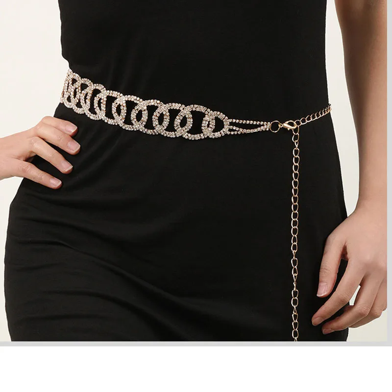 2023 Ladies Double Circle Metal Rhinestone Gold Waist Chain Dress Shirt Decoration Fashion Belts for Women Luxury Designer Brand