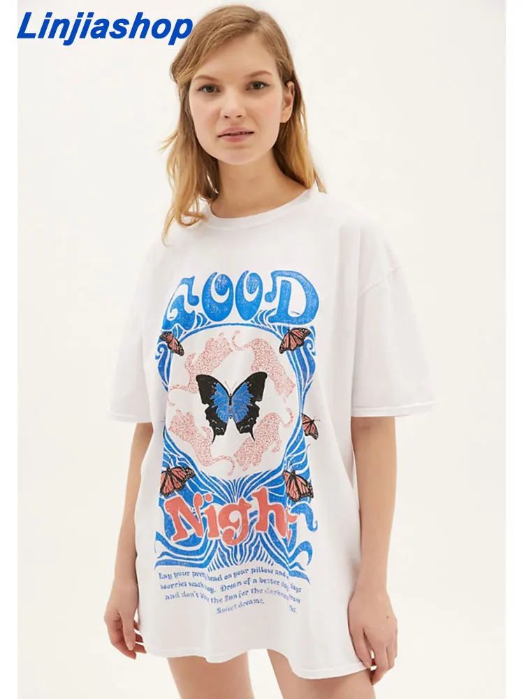 

Футболка женская оверсайз с круглым вырезом, уличная одежда с принтом, топ с коротким рукавом, Повседневная Свободная рубашка с мультяшным ...