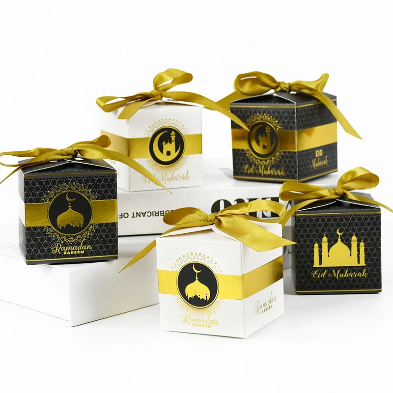 

10pcs Eid Mubarak Golden Ribbon Candy Box Chocolate Chip Cookie Packaging Gift Box for Islamic Muslim Ramadan Party Decoration