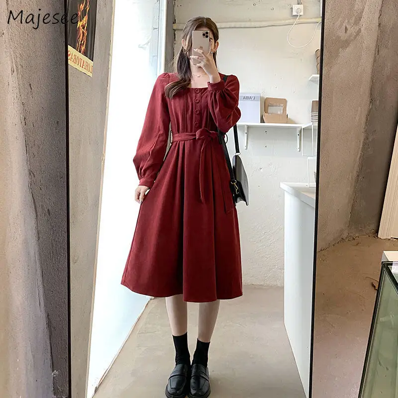 

Puff Sleeve Corduroy Dress Women Autumn New Bandage Midi Casual A-line Vestido Female Streetwear Simple All-match Solid Trendy