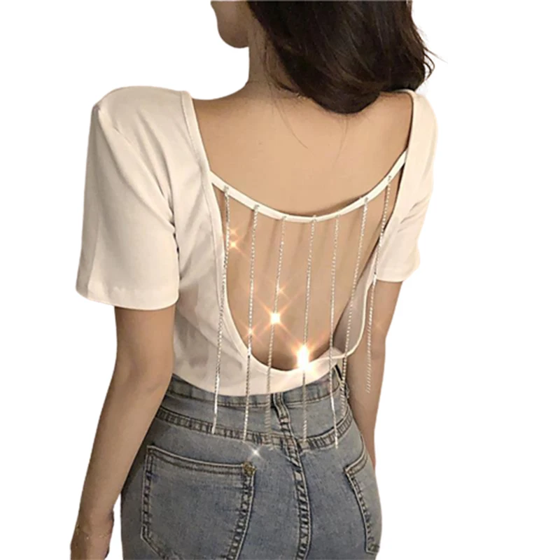 Women solid Bodycon Tassel Sexy Backless T-shirt Treetwear Short Sleeve Summer Short Tops Female Nightclub girls Bar Party Tee
