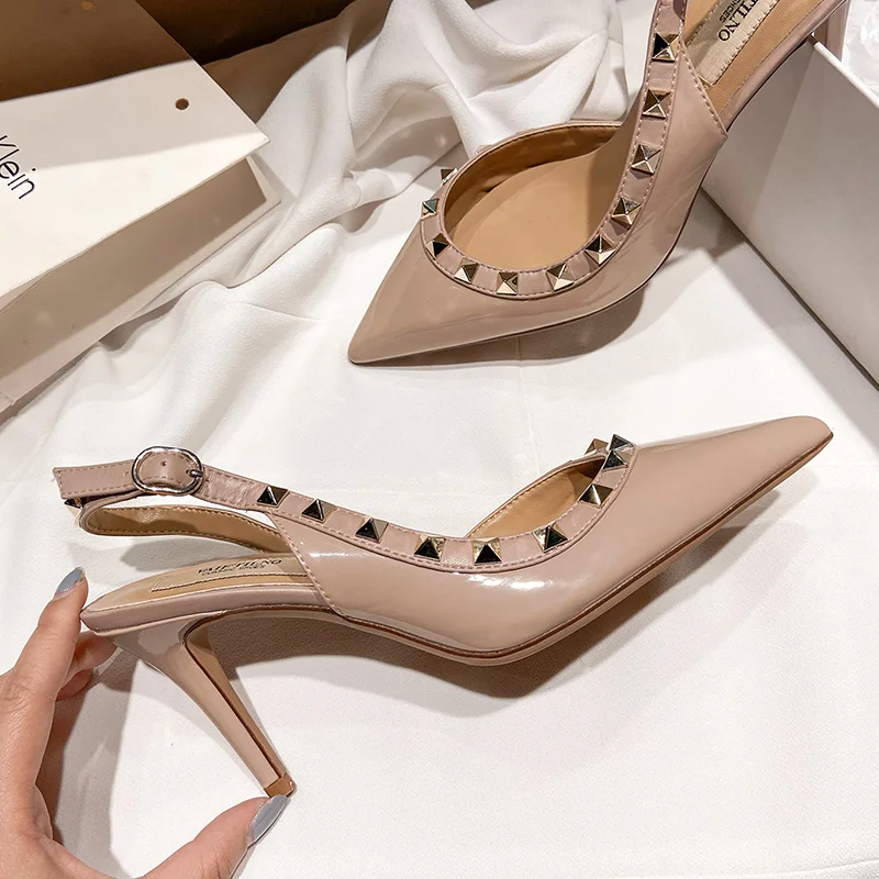Summer New Women's Sandals High Heels Fashion Sexy Thin Heel Ankle Strap Baotou Sandals Metal Button Rivet Shoes Classics Pumps