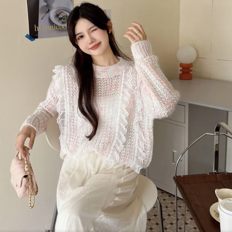 

Sweet hollow out sweater lace patchwork pullover female ruffles knitted sweaters soft women jersey mujer jumper 2022 fall winter