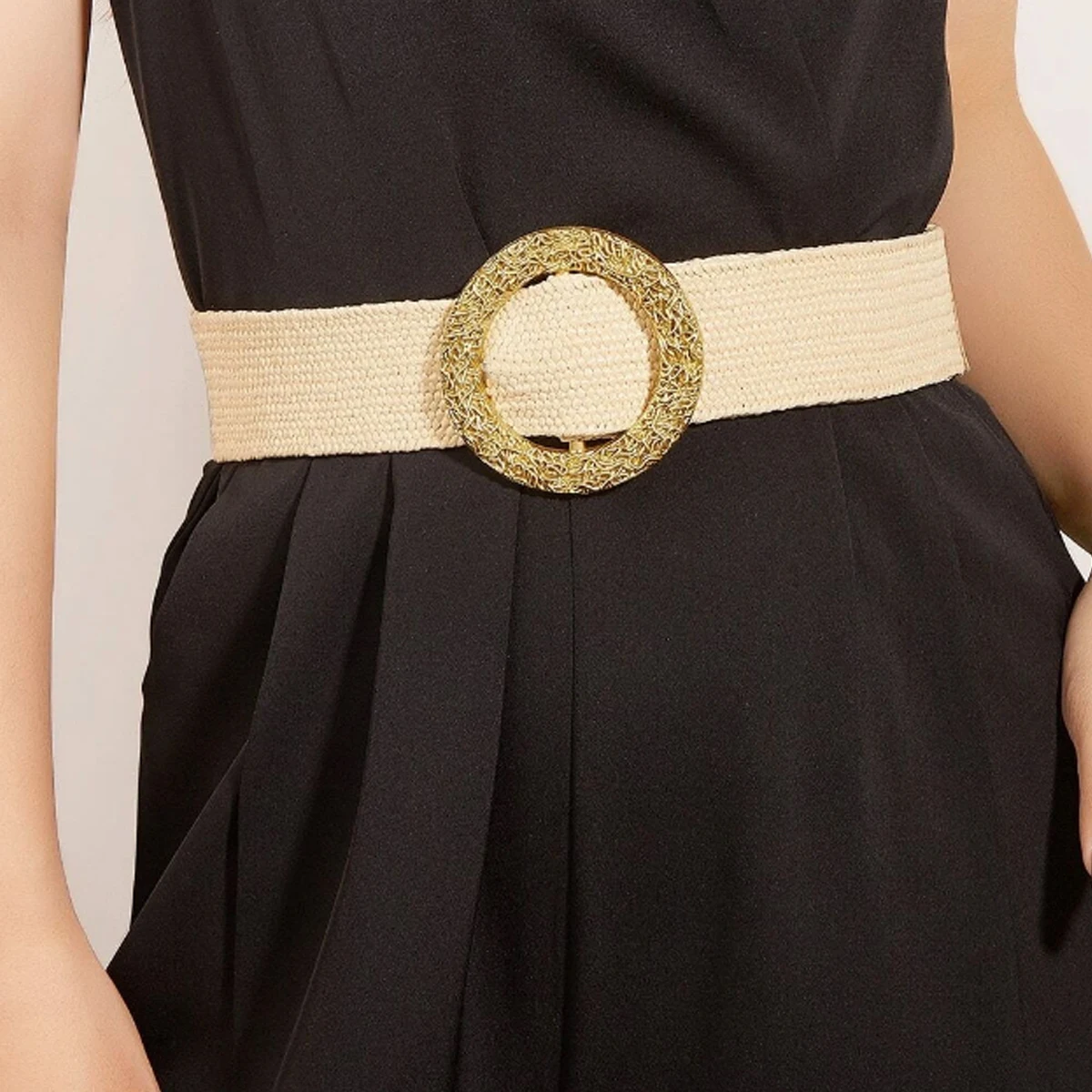 Cinturones elásticos trenzados con hebilla redonda dorada para mujer, cinturón ancho bohemio de lino tejido, accesorios para cintura de verano, venta al por mayor