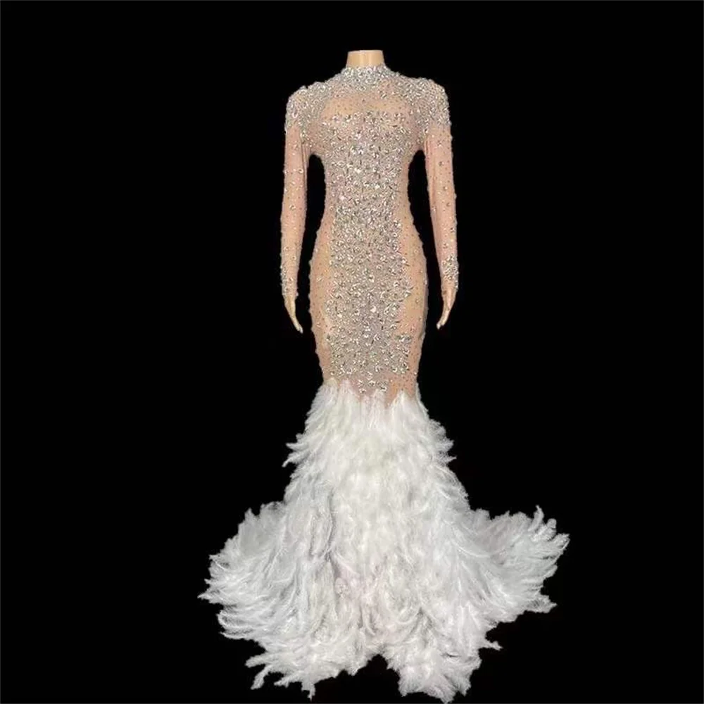 

Nude Shining Sparkly Crystal Rhinestones Sexy Long Feathers Dress For Women Wedding Evening Clothing Stage Singer Costume