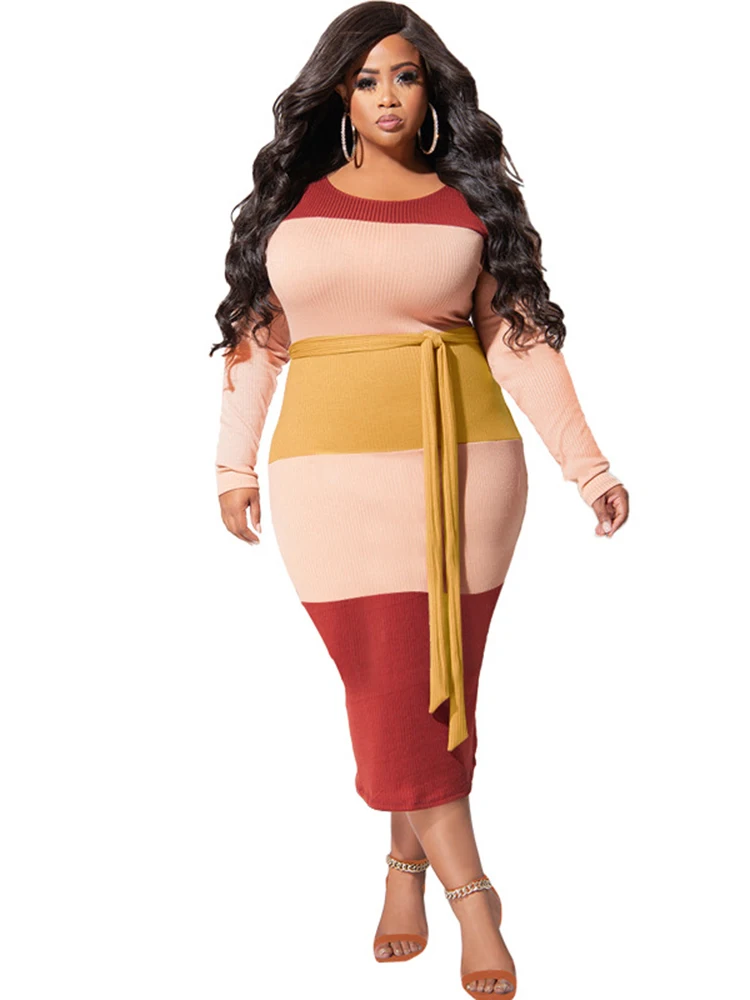 

5XL Plus Size Long Dresses For Women O Neck Mid Calf Length Robes Spring Autumn New Striped Print Streetwear Oversize Dress 2022