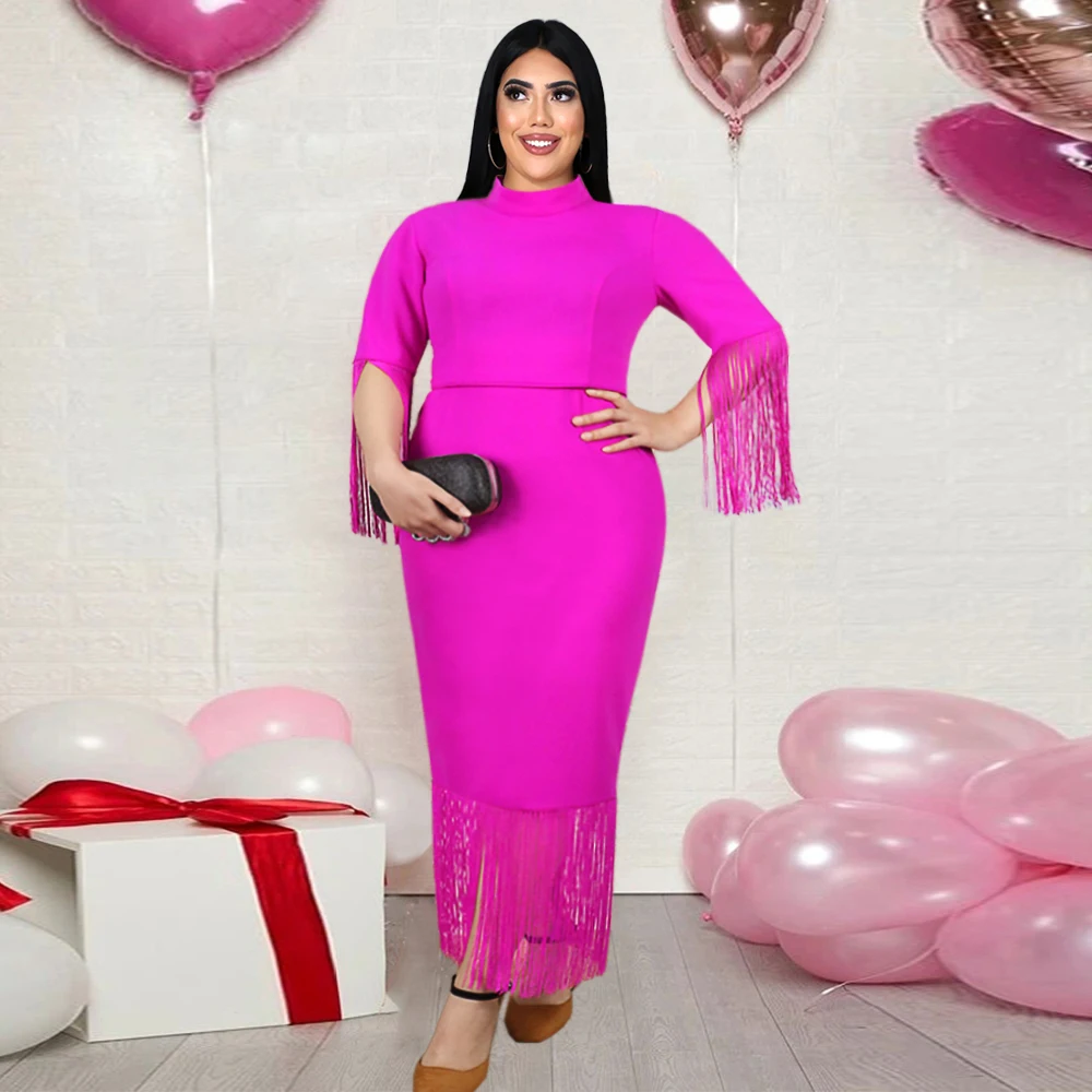 

Женское вечернее платье с бахромой, элегантное облегающее платье с высоким воротом и рукавом до локтя, облегающее платье с бахромой