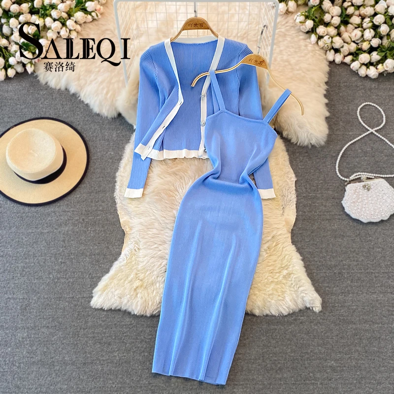 

Women Elegant Knit Two Pieces Sets Sweater Long Sleeve Cadigan and Stretch Bodycone Sundress Sets Autumn Winter Pencil Dress