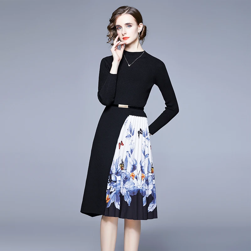 

Runway Luxury Patchwork Black Knitted Dresses For Women Autumn Winter New Chic Fake Two Piece Print Pleated Party Dress