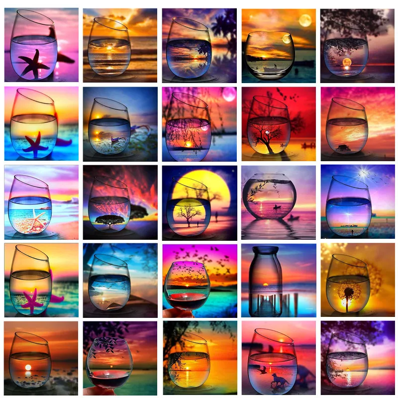 

5D Diamond Painting Wine Glass Scenery Combination DIY Beach Reflection Round Diamond Embroidery Upholstery Mosaic Home Decor