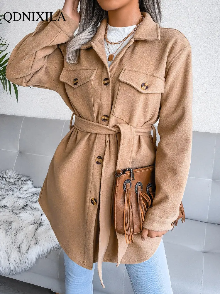 

2022 Autumn Winter Wool Blends Coats Women's Clothing Chic and Elegant Turndown Collar Slim Thick Korean Casual Ladies Outerwear