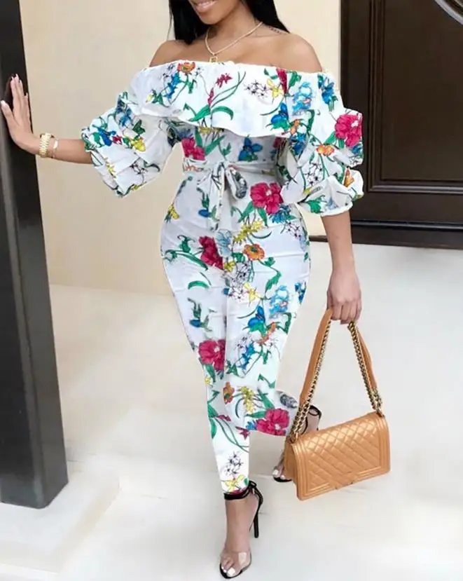 Women's Fashion Floral Print Jumpsuit Europe & America 2023 Summer New Elegant Temperament Off Shoulder Lantern Sleeve Jumpsuits