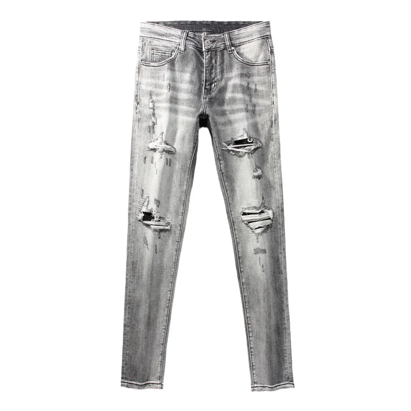 Street Fashion Men Jeans Retro Gray Elastic Stretch Skinny Ripped Jeans Men Leather Patched Designer Hip Hop Brand Pants Hombre