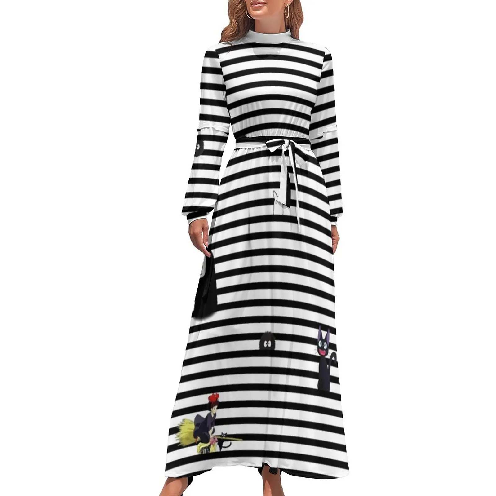 

My Neighbor Totoro Dress Japanese Anime And Stripes Korean Fashion Bohemia Dresses Women Long Sleeve High Neck Kawaii Maxi Dress