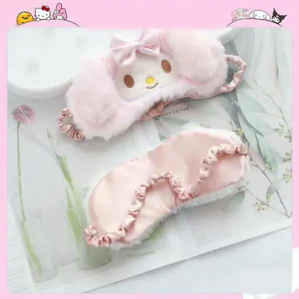 

Маска для глаз Hello Kitty Kuromi для сна, зеленая маска для глаз с эффектом коричной мелодии, помпоном, пурином, Sanrio, мультяшная маска для глаз с пушистым затенением