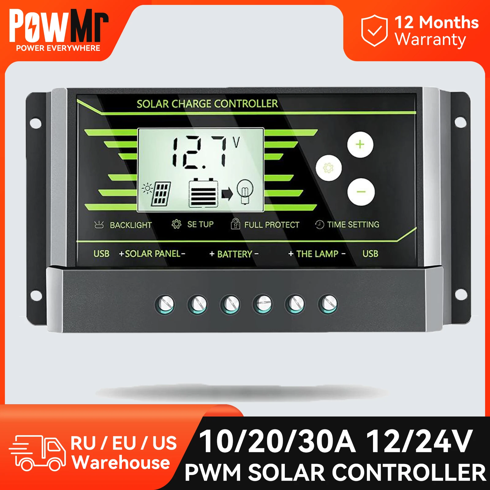 

Солнечный контроллер PWM 10A 20A 30A, совместимый с свинцово-кислотной батареей, позволяет установить таймер и отключить функцию памяти, ЖК-дисплей
