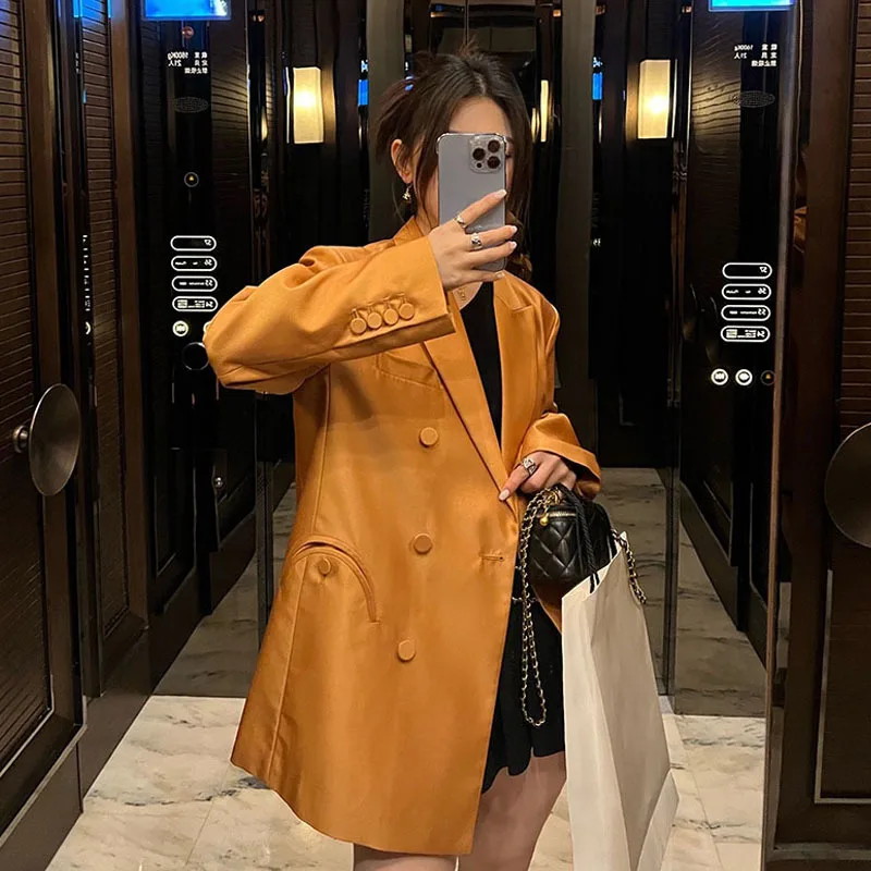 Весенне-осенний винтажный желтый костюм куртка Женский Повседневный офисный