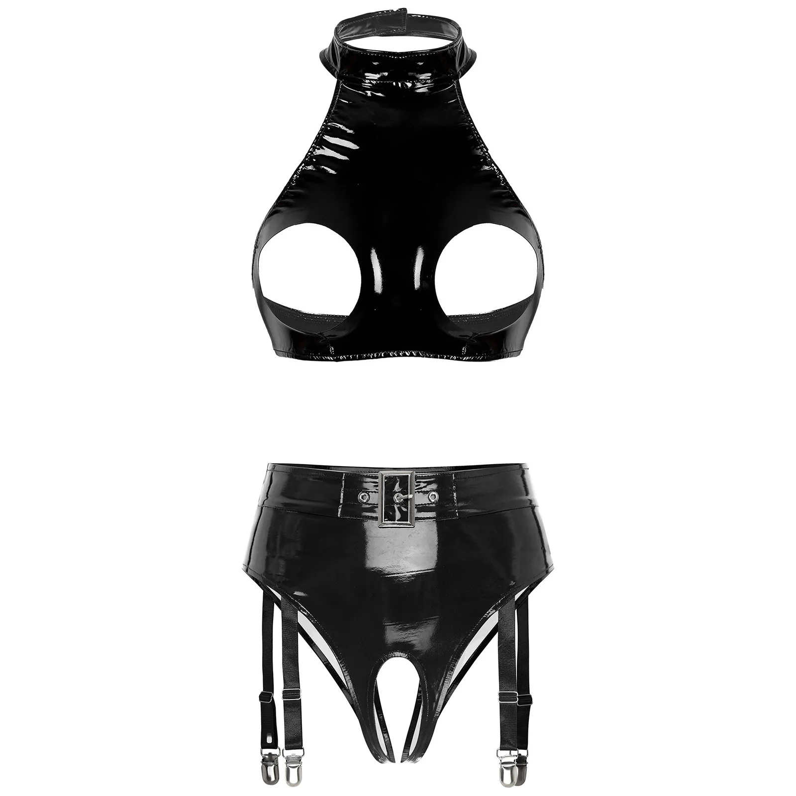 

Womens Patent Leather Lingerie Set Wet Look Halter Open Bust Crop Tops with Open Crotch Garter Underwear Sexy Nightwear Clubwear