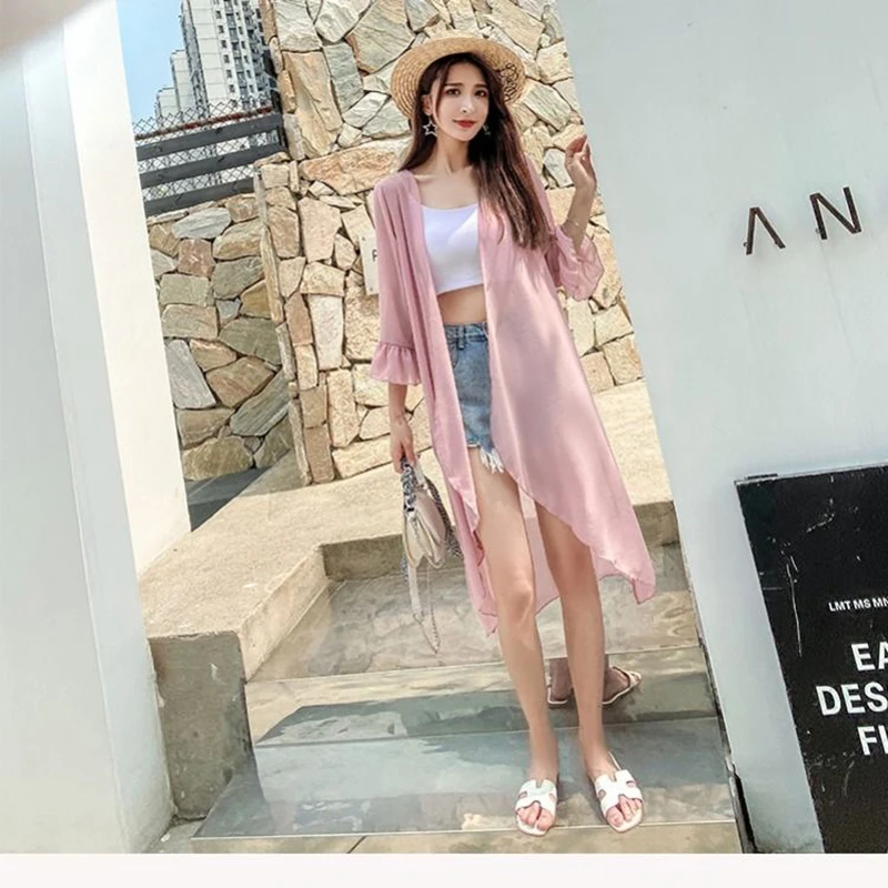 Женское летнее тонкое шифоновое пальто Geskeey черное солнцезащитное с