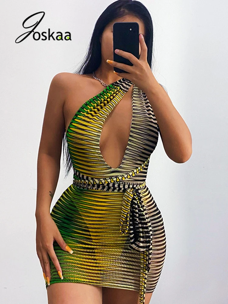 Joskaa Stripe Printed Deep V-Neck Sleeveless Bodycon Dress Women Sexy Backless Bandage Mini Summer 2021 Party Clubwear | Женская одежда