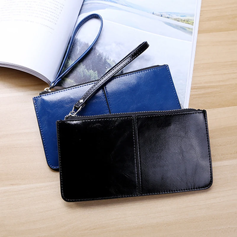 Women's Vintage Oil Wax Leather Zipper Clutch Bank Female Large Capacity Coin Purse Ladies Wristband Simple Card Holder Wallet