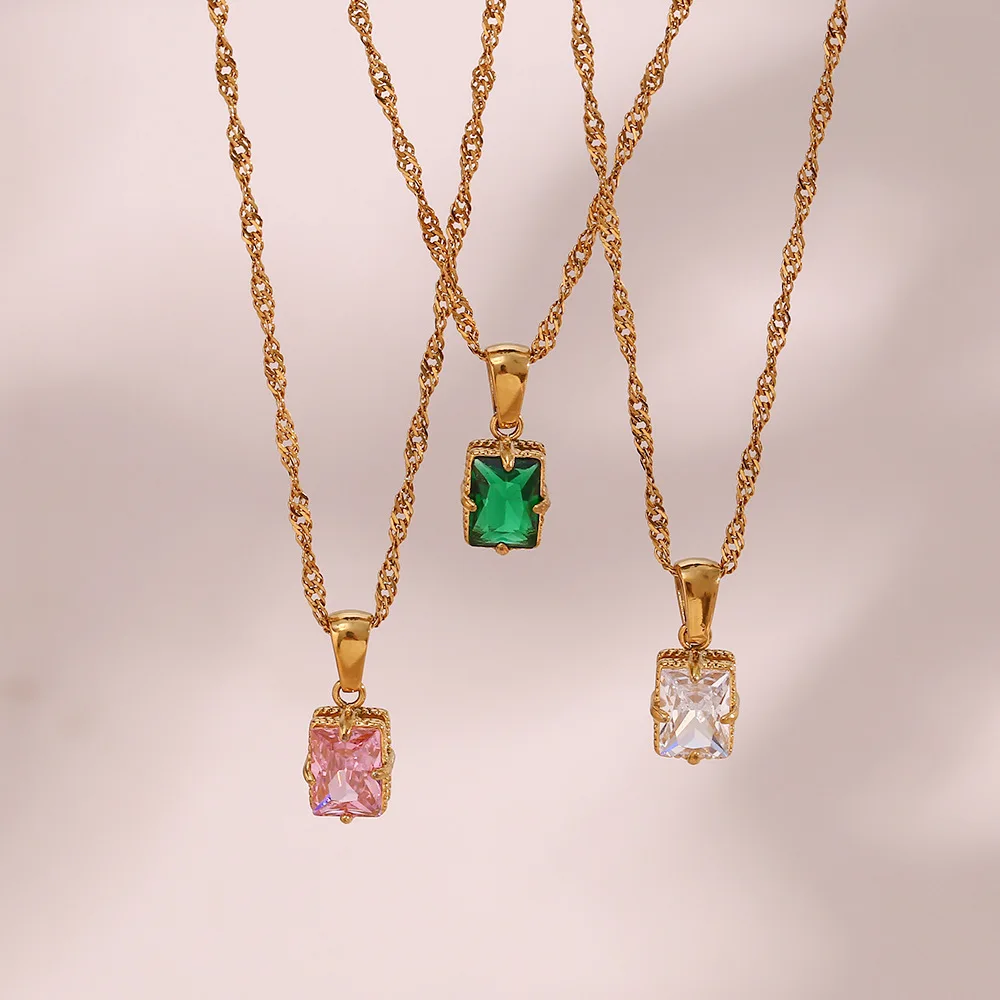 

316L Stainless Steel Shiny Colored Square Zircon Pendant Necklace High Quality 18K Plated Women Collar Necklace
