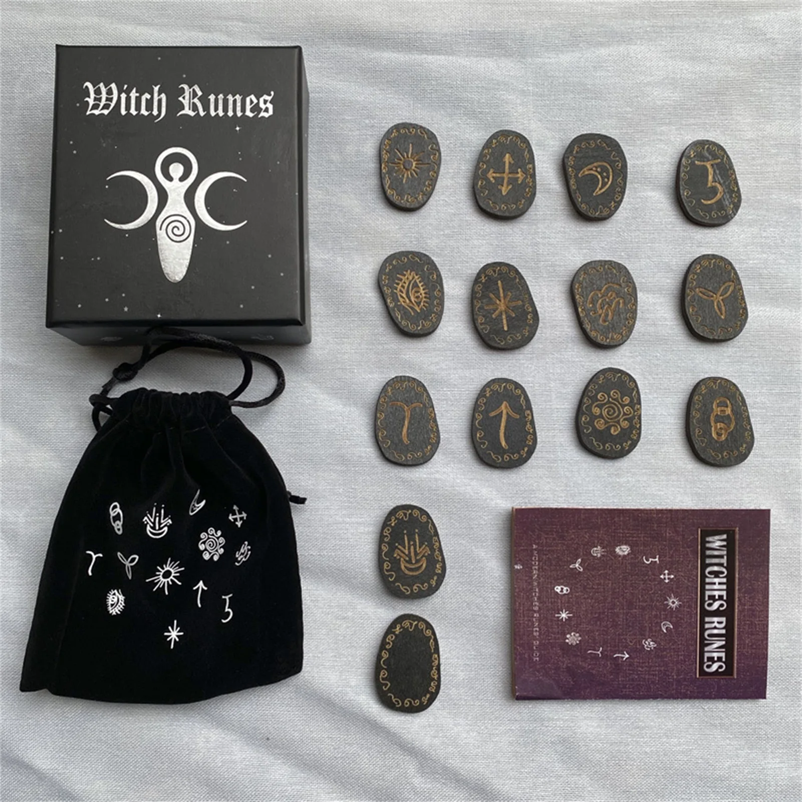 

14 PCS Engraved Rune Symbol for Meditation Divination Rune Stones Set with Storage Bag Wood Runes Stone Set Witches Rune Set