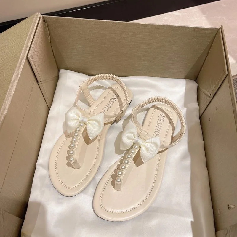 

2023 New Summer Sandals Pearl Decorative Flip-Flops Beach Low Heel Flat Thong Ladies Sandals Ladies Anti-Slip Flat Sandals