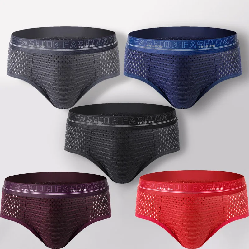 3PCS Men Summer Ice Silk Underwear Briefs Breathable Underwear 3A Antibacterial Anti-Bacterial Hollow Underwear Pants Cold Feel