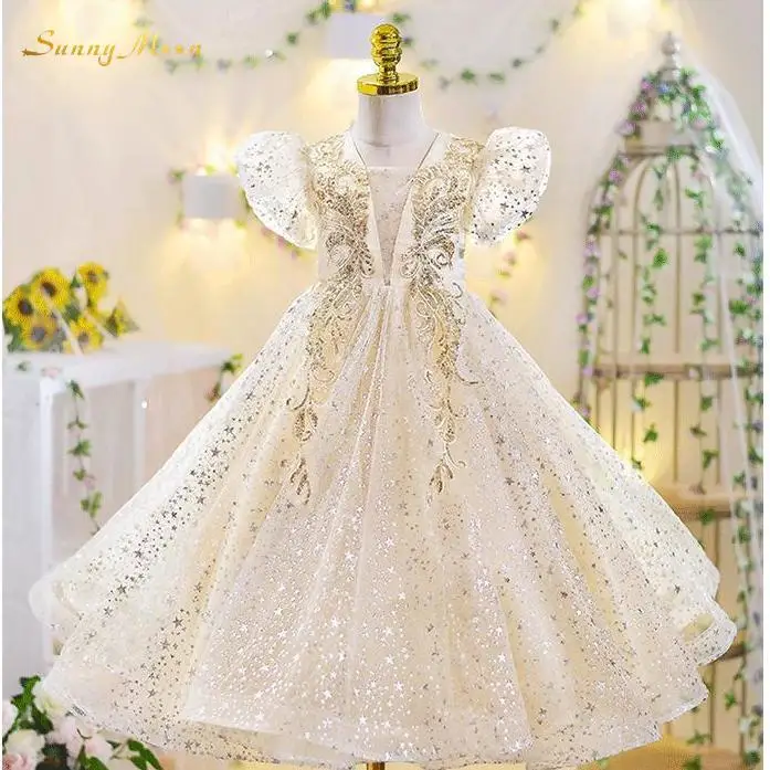 

Модное Новое летнее платье принцессы с пышными рукавами для девочек, блестящее яркое платье для свадьбы, дня рождения, детской комнаты